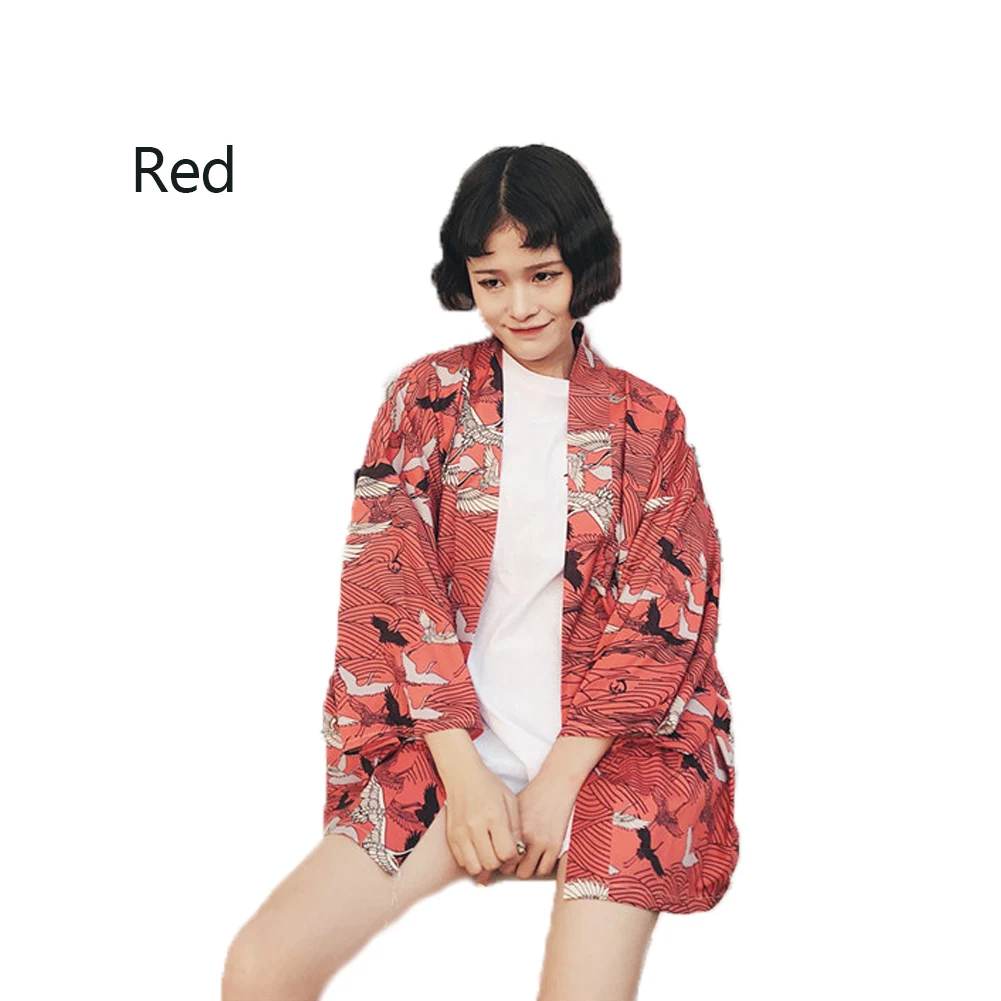Красный Vintage Style Temperament Summer Harajuku Leisure Kimono Blouse Vintage Style White Crane Print Loose Large Size Chiffon Shirt - Цвет: Красный