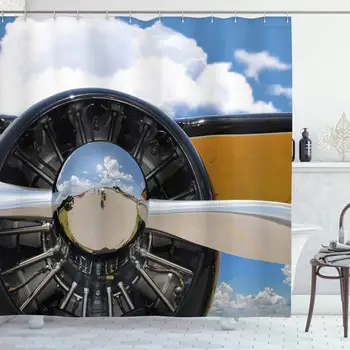 

Airplane Shower Curtain by , Propeller and Engine of Airplane Clouds Flight Historic Bird Transportation Theme, Fabric Bathroom