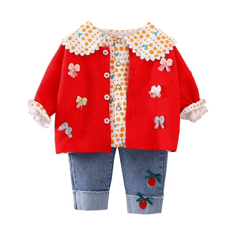 

Kids Clothing Sets Baby Girls Bow-knot Coats Lace Shirt Jeans Spring Autumn Children Sportswear Infant Clothes Newborn Outfit