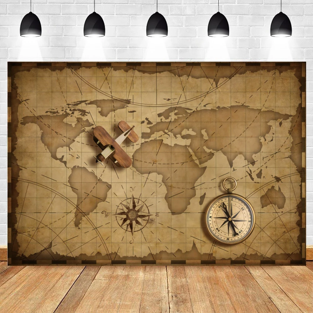 Photo Backdrop Vintage World Map Backdrop Pirate Airplane Compass World Travel Kids Boy Birthday Party Baby Shower Photography Background Prop