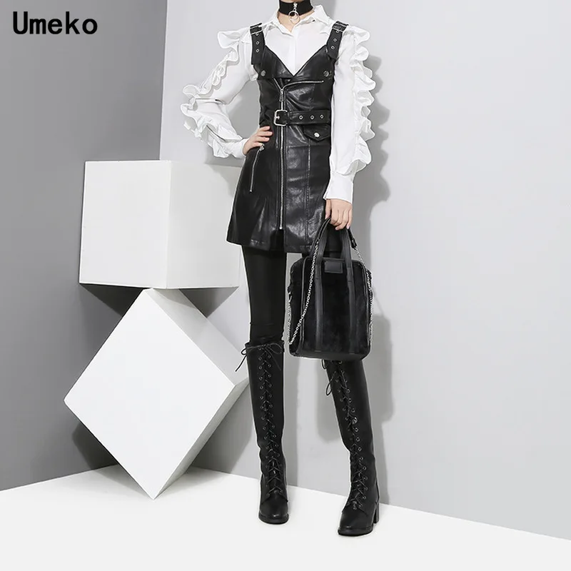 Umeko Новинка, Элегантные Осенние женские летние топы в Корейском стиле, черная блузка, рубашка, рукава с рюшами, на молнии, Женская Повседневная кавайная блузка