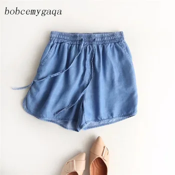 

women summer denim shorts sexy casual hot shorts elastic waist lace up drawstring pocket blue light blue loose shorts
