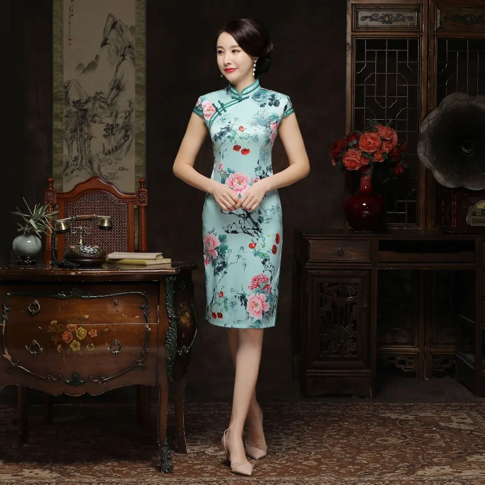 Китайский традиционный стиль Cheongsam элегантное женское платье ручной работы на пуговицах воротник стойка сексуальная длина до колена платье Размер m-xxxl