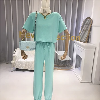 

Two Piece Pants Set Women Tracksuit matching sets for women joggers suit sets summer Casual crop top+ Elastic Waist full pants