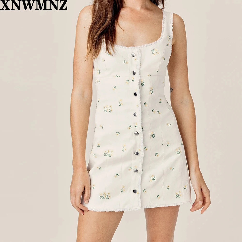 

Playful mini sunflower embroidered stretch denim mini dress figure-contouring panels delicate ruffle details Metal buttons