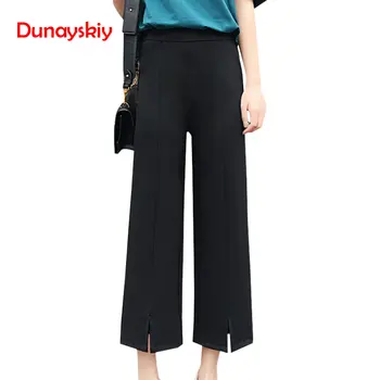 

Front Slit High Waist Straight Pants Elastic Waist Workwear Office Ladies Wide Leg Spring Summer Loose Capris Thin Casual Women
