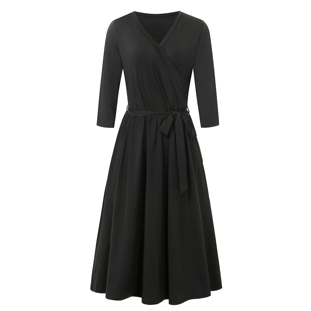 Однотонное женское платье с v-образным вырезом, с рукавом до локтя, с поясом, модное повседневное однотонное винтажное сексуальное платье до середины икры L1128
