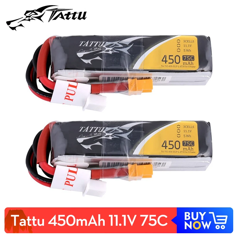 

Tattu Lipo Battery 450mAh 11.1V 75C 3S1P with XT30 Plug - Long Size for H Frame/Multirotor FPV Drone Frame