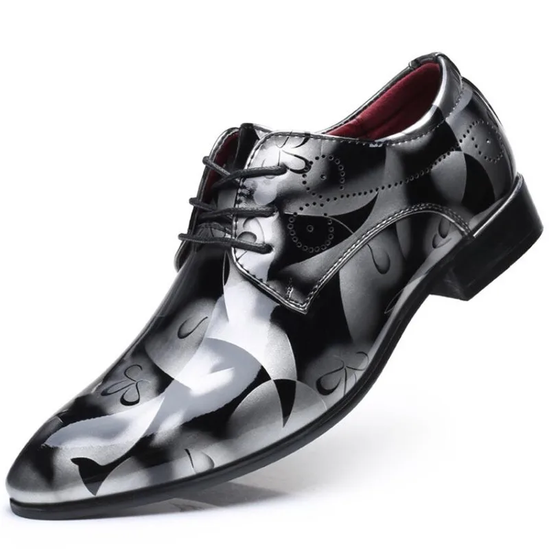 

2020 Vintage Design Men's Wedding shoes Fashion Print Patent leather Business Dress Shoes Mens Casual Lace-up Flats Sizes 38-48