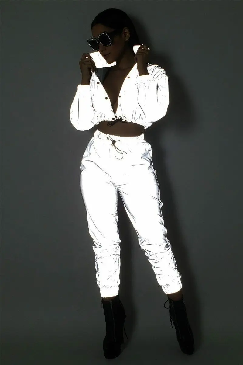 

2019 Sexy Women Tracksuit Zip Reflective Light Jackets&Shorts Two Pieces Set Or Jumpsuit Clubwear Festival Clothes Plus Size