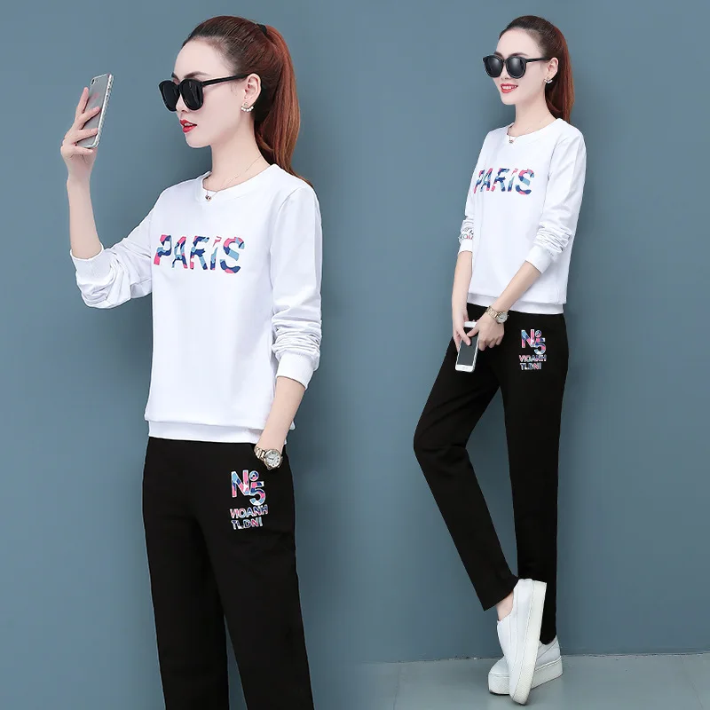 

2019 Spring And Autumn New Style Korean-style WOMEN'S Wear Lettered round Neck Sweater Casual Sports Clothing Two-Piece Women's