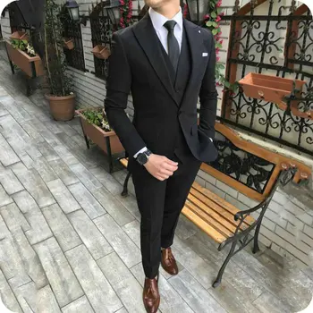 

Latest Peaked Designs Black Wedding Suits for Men Grooms Wedding Tuxedos Man Blazer Terno Masculino 3 Piece (Jacket+Pants+Vest)