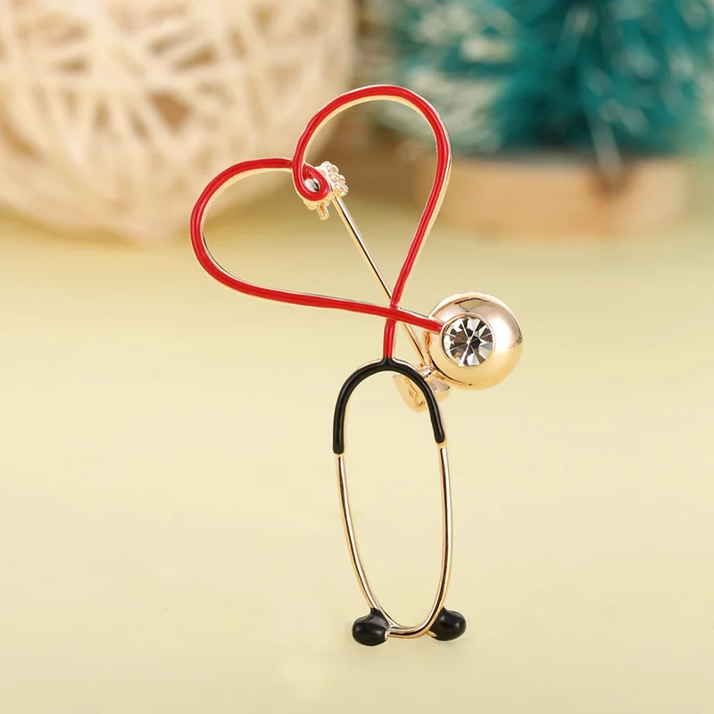 Funmor Lovely Heart Stethoscope Brooch Copper Pin Enamel Crystal Jewelry Women Doctor Uniform Decoration Accessories Work Bijoux