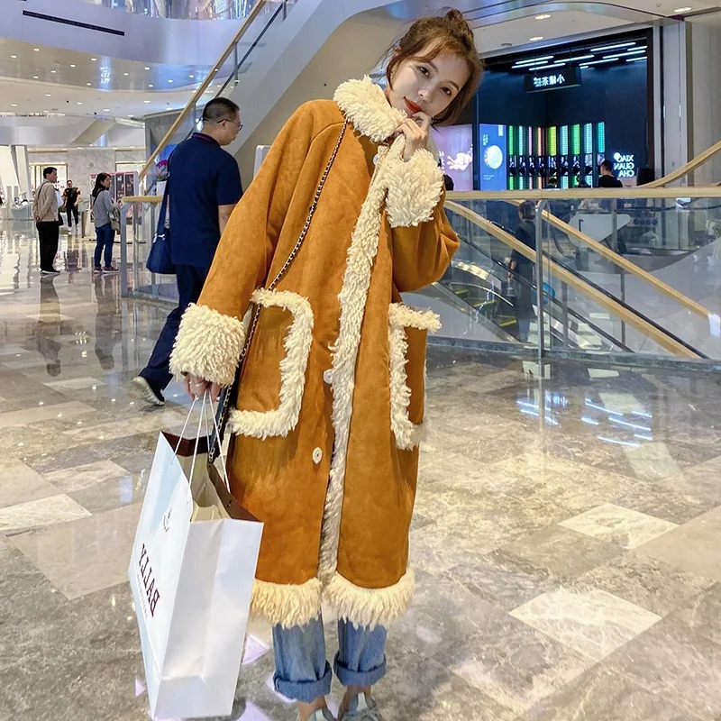 

Photo Shoot INS Yellow Joint Contrast Color Lamb Fur Mid-length Fold-down Collar Single Breasted Cotton Coat Coat Women's