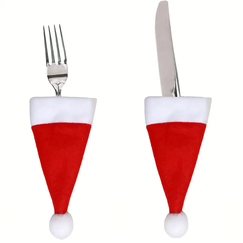 100 Pack Cotton Christmas Santa Hat for Silverware Wine Bottle Holder Christmas Utensil Cutlery Holder Bags Pouch New Year Decor