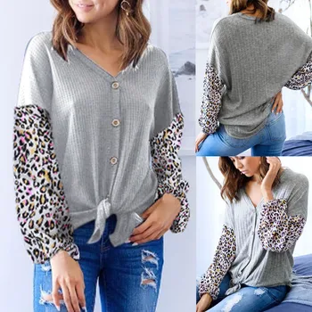 

Autumn 2019 Winter Clothes Fashion Plus Size Sweaters Women Casual V-Neck Loose Leopard Button Patchwork knitting Tops Sweater