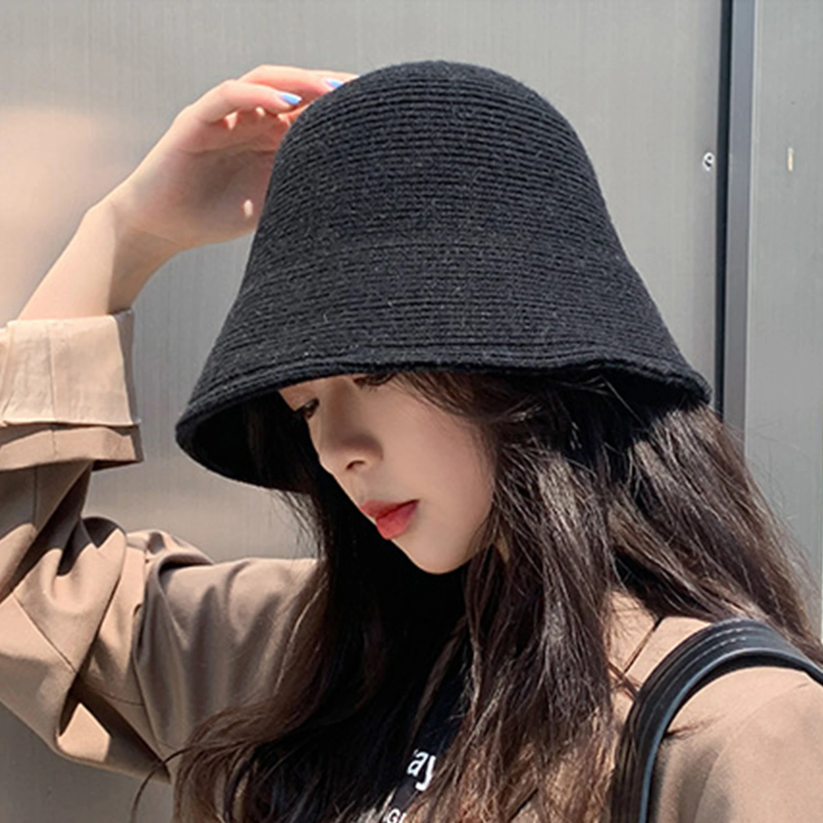 white bucket hat Women Solid Color Wool Bucket Hat Drawstring Fisherman Vintage Knitted Basin Cap female bucket hat