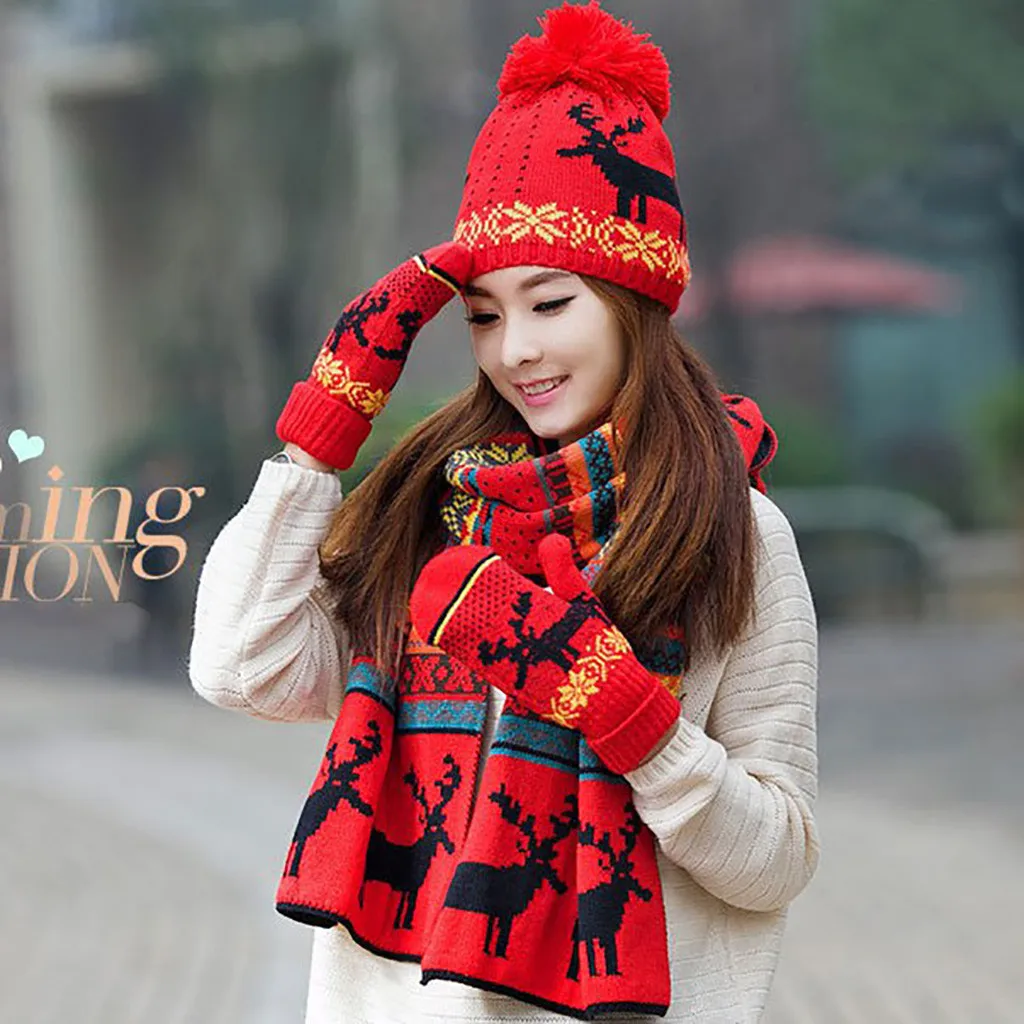 Новая мода шарф шапка и перчатки наборы для женщин Рождество Лось снежинка теплые наборы студенческие акриловые теплые комплекты из трех предметов