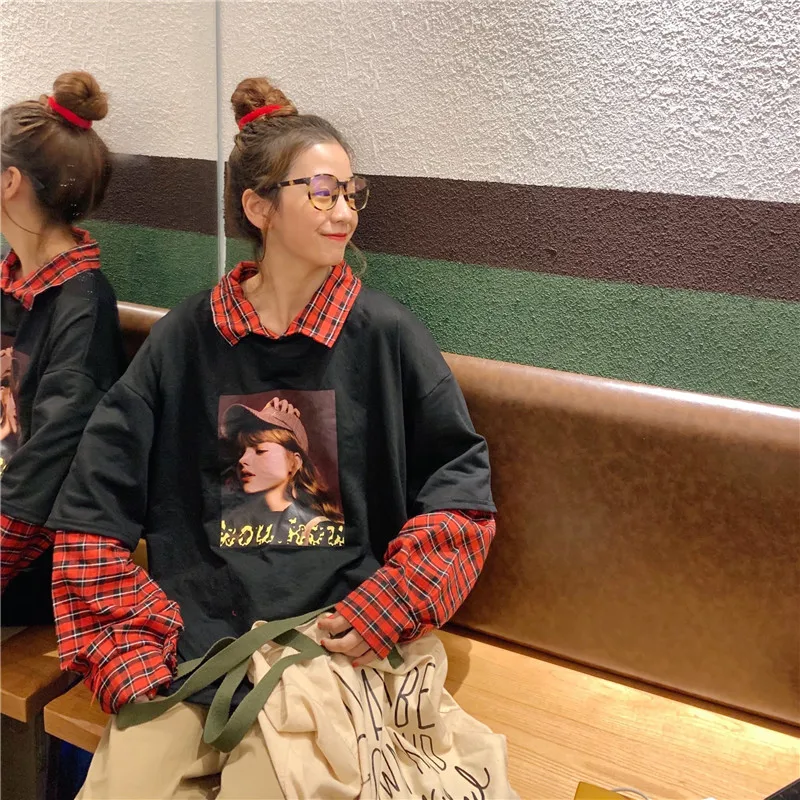 Толстовки женские в стиле пэчворк в Корейском стиле Harajuku с отложным воротником в стиле хип-хоп Студенческая модная Женская одежда оверсайз пуловер для отдыха