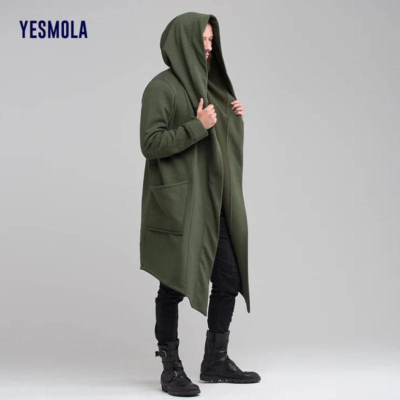 YESMOLA Men's Coat Warm Long Cardigan Cloak Coat Hooded Sweater Hip Hop Mantle Hoodies 2021 Autumn Winter Solid Sweatshirts