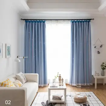

Top Sale 2 Layers Hollow Star Thermal Insulated Blackout for Living Room Bedroom Window Curtain Blinds Stitched with White Voile