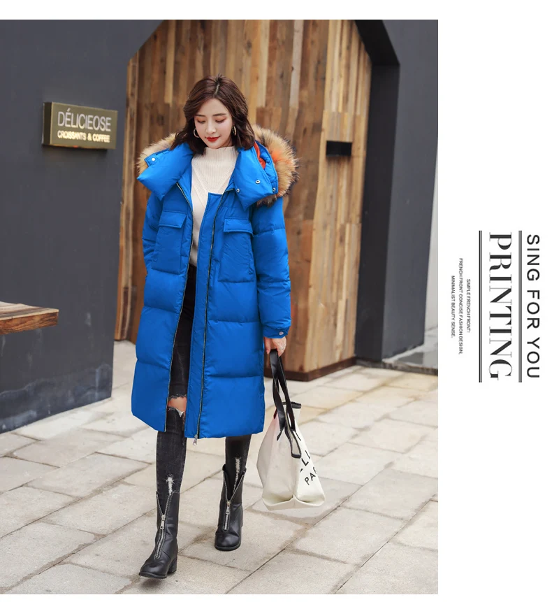 Winter Convention White Duck down Hooded Zipper Long Sleeve Long Straight-Cut Pocket with Fur Collar Long Sleeve down Jacke