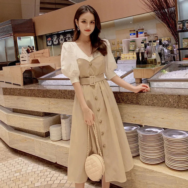 

Puff Sleeve Dress Women's Summer 2019 New Style Mock Two-Piece V-neck Khaki Waist Hugging Joint Mid-length