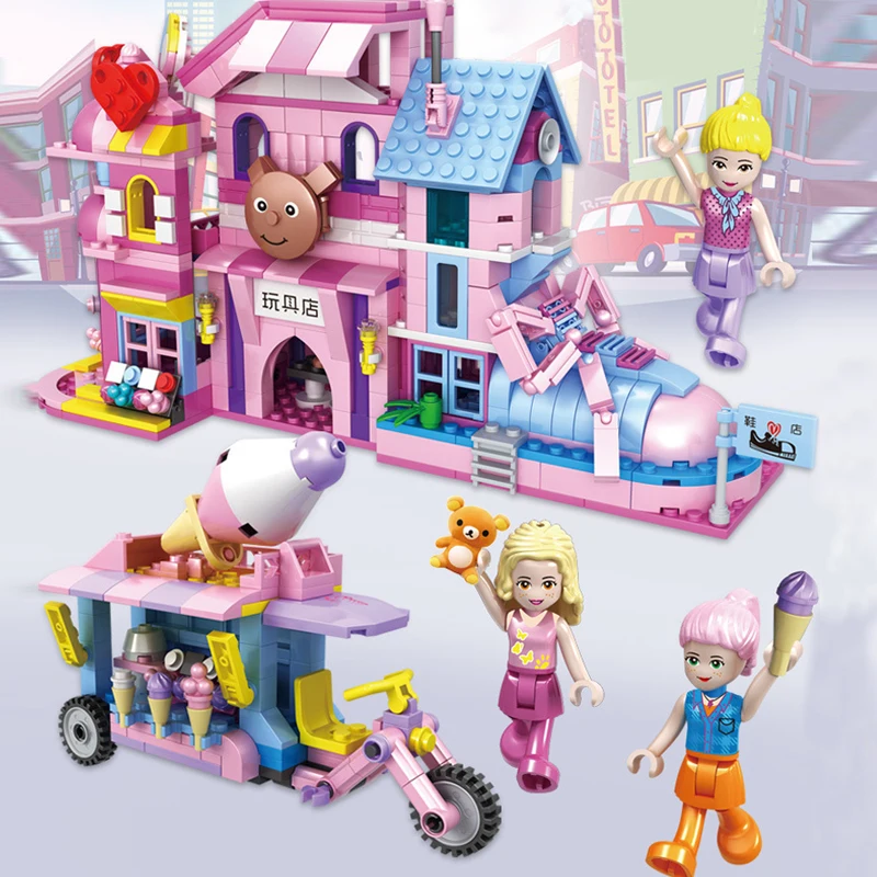 

678pcs 4in1 Shop Ice Cream Car Building Blocks Friends Girls City Architecture Bricks Set Baby DIY Educational Blocks Toys Gifts