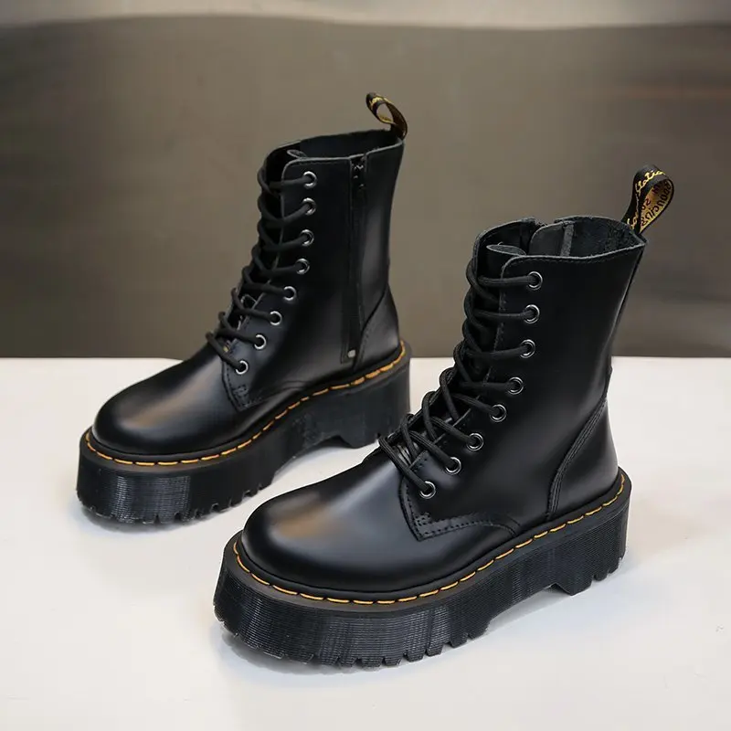 Platform Boots Women Motorcycle Boots Winter Warm Plush Boots Wedges Female Lace Up Black Leather Oxford Shoes Woman High Heels