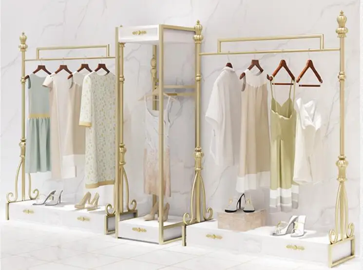 

Clothing store display shelf floor type European layer shelf side hanging women's clothing display shelf gold