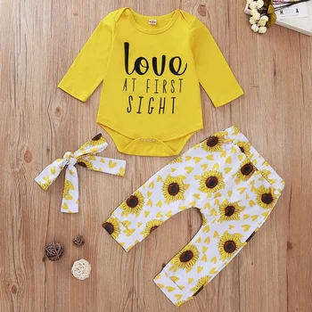 

Baby's Sets Three Piece Bodysuit Pants Hair Band Newborn Baby Girls Cotton Letter Print Long Sleeve Romper Sunflower Trousers