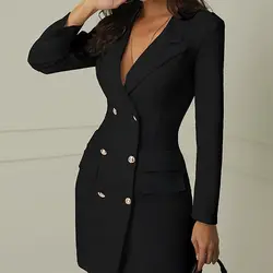 2019 двубортная однотонная куртка с v-образным вырезом тонкая куртка Женская Осенняя длинная официальная куртка с длинным рукавом платье