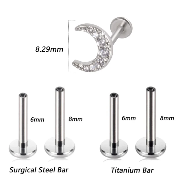1PC G23 Titanium&Steel 16G CZ Gem Moon Labret Lip Bar Ring Crystal Flower Ear Cartilage Tragus Helix Piercing Screw Fit Top 16g Style D