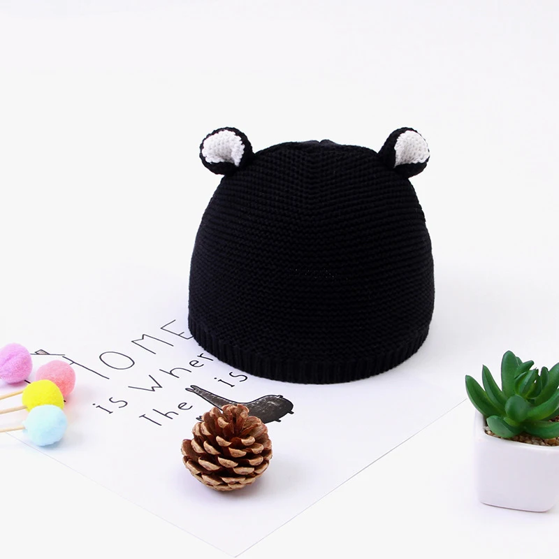 

Newborn Baby Cute Knit Cap Casual Cartoon Ear Hat Autumn Winter Crochet Wool Knit Bobble Beanie Solid Fitted Cap Set Popular