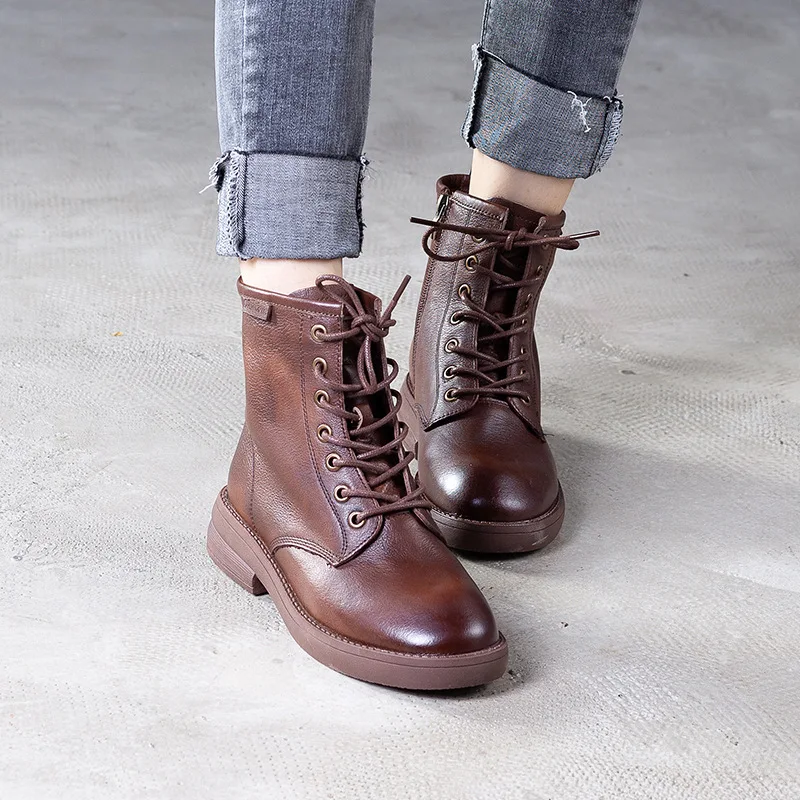 

[Main] tian ni ge Leather Boots 2019 Autumn And Winter New Style Lace Martin Boots Full-grain Leather Short Boots Flat