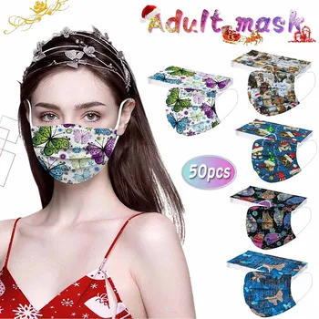 

Mascarilla 50pcs Butterfly Printed Women Mask Disposable Christmas Face Mask Fashion 3ply Earhook Mouth Caps Disposable