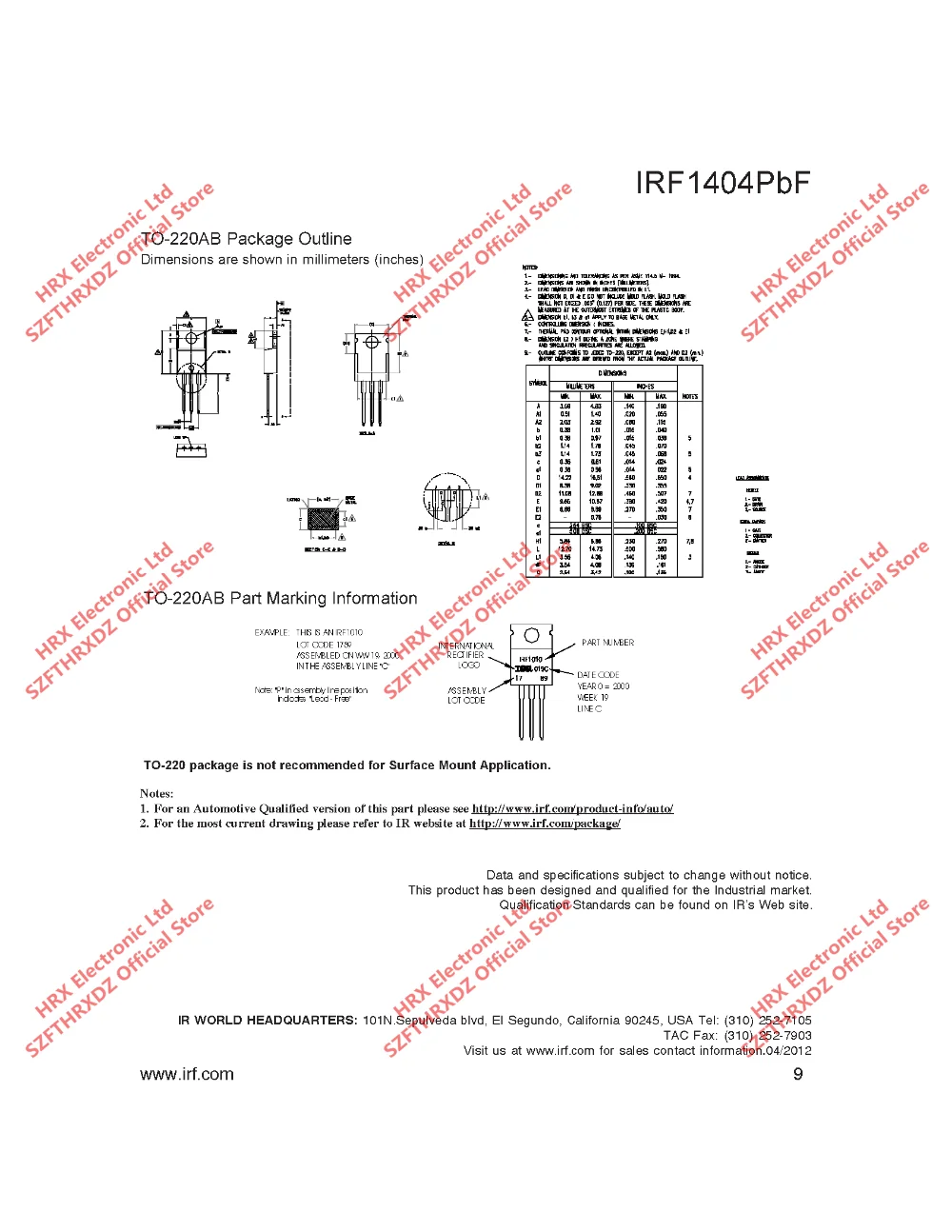 IRF1404PBF TO220 IRF1404-220 50 шт./трубки MOSFET 40V 202A(50 шт