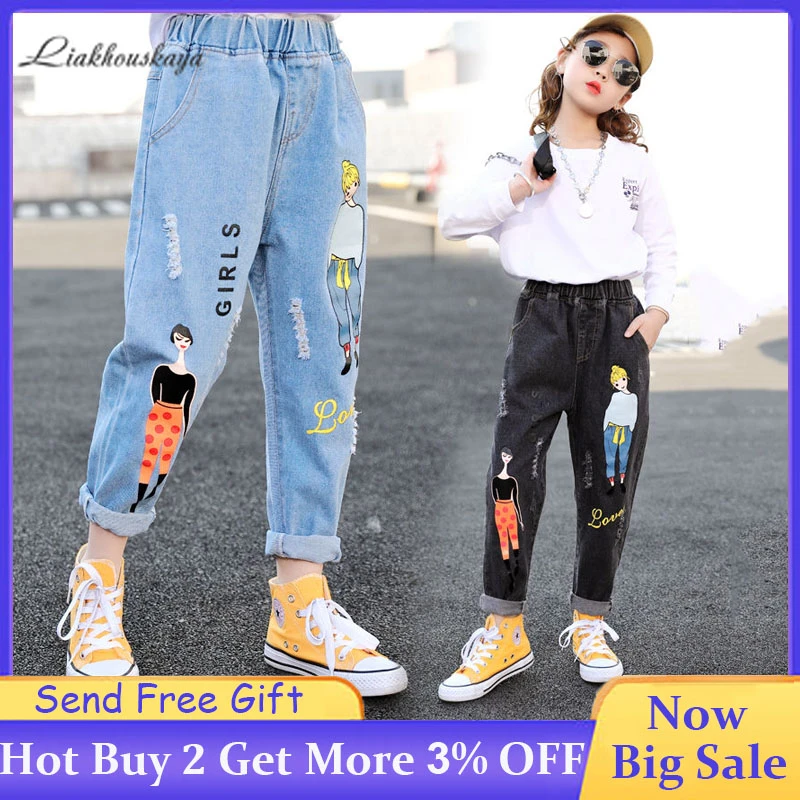 2 13y Baby Girl Jeans Girl Spring Korean Cartoon Casual Jeans Girls Graffiti Print Jeans Elastic Waist Slim Fit Pencil Pants Jeans Aliexpress