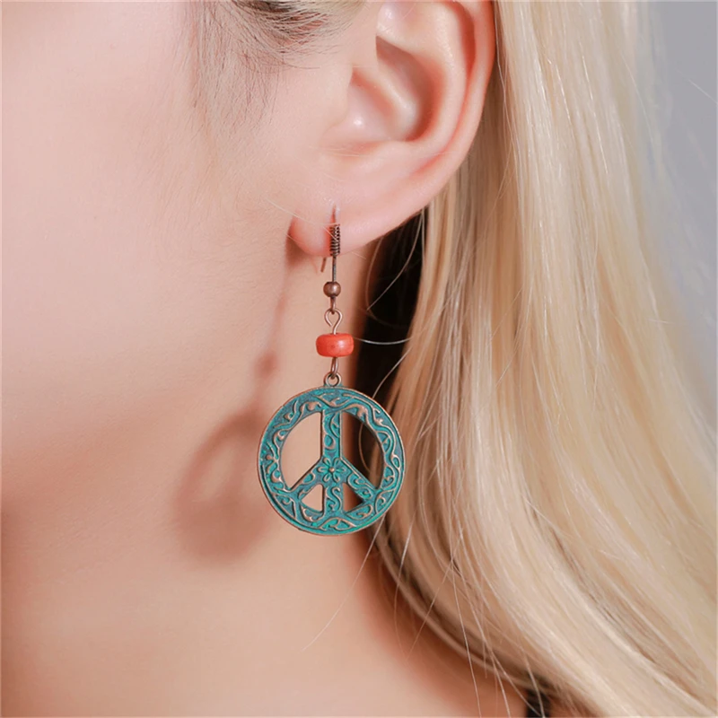 JUMPLIM New Palace style ancient bronze pattern round hollow earrings retro peace sign fashion new and old earringsGift | Украшения и