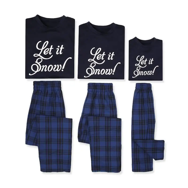 

Autumn and Winter New Cotton Parent-child Leisure Let It Snowflake Lattice Christmas Pajamas Set in The Navy Adult and Children
