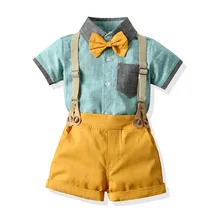 

Summer Children's Suit Boys Fashion Lapel Stitching Short-sleeved Shirt Shorts Straps T-shirt Baby Kids Clothes Outfit