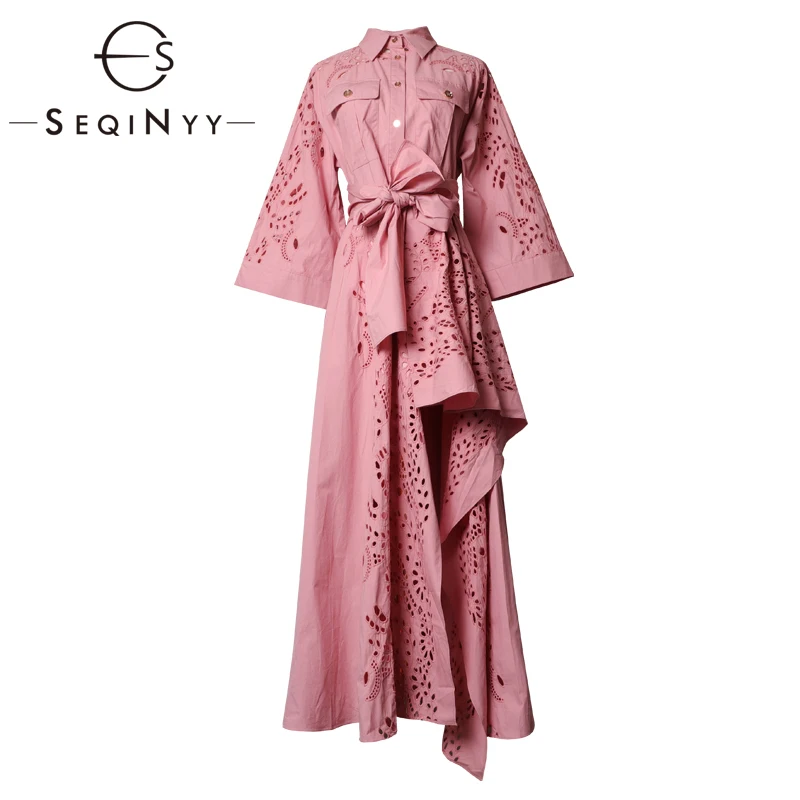 

SEQINYY Pink Dress 2020 Early Spring Autumn New Fashion Design Women Flare Sleeve Hollow out Flowers Elegant Long Dress