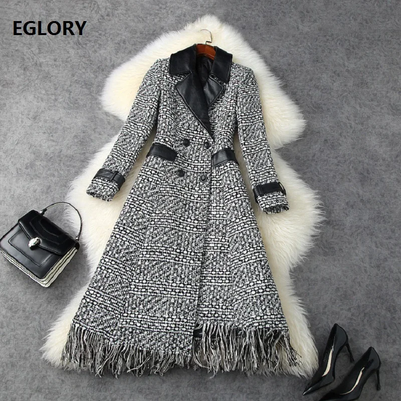 

Tassel Wool Outerwear Coats 2020 Autumn Winter Overcoats Women High Quality PU Leather Patchwork Double Breasted Grey Long Coats