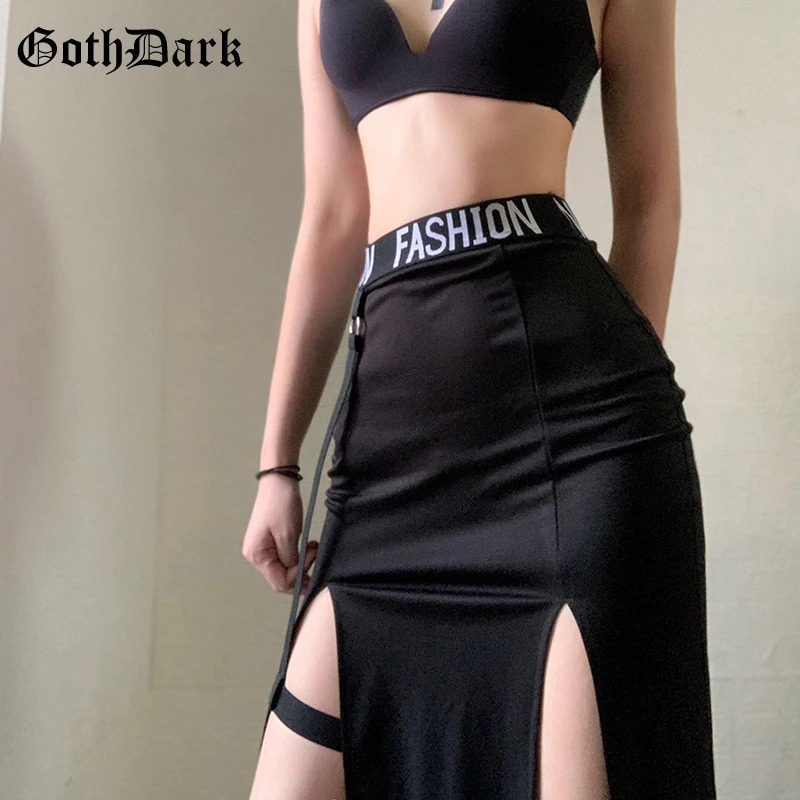 Goth Dark Gothic High Waist Black Midi Dress Y2k Grunge Patchwork Elastic Slit Hem A-line Midi Skirts Women Autumn Streetwear