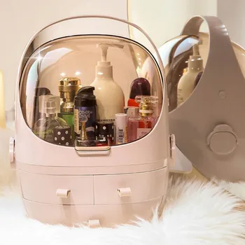 

Makeup Organizer Box With Space Capsule Shape Drawers And Handle Fully Open Dust proof Lid For Bathroom