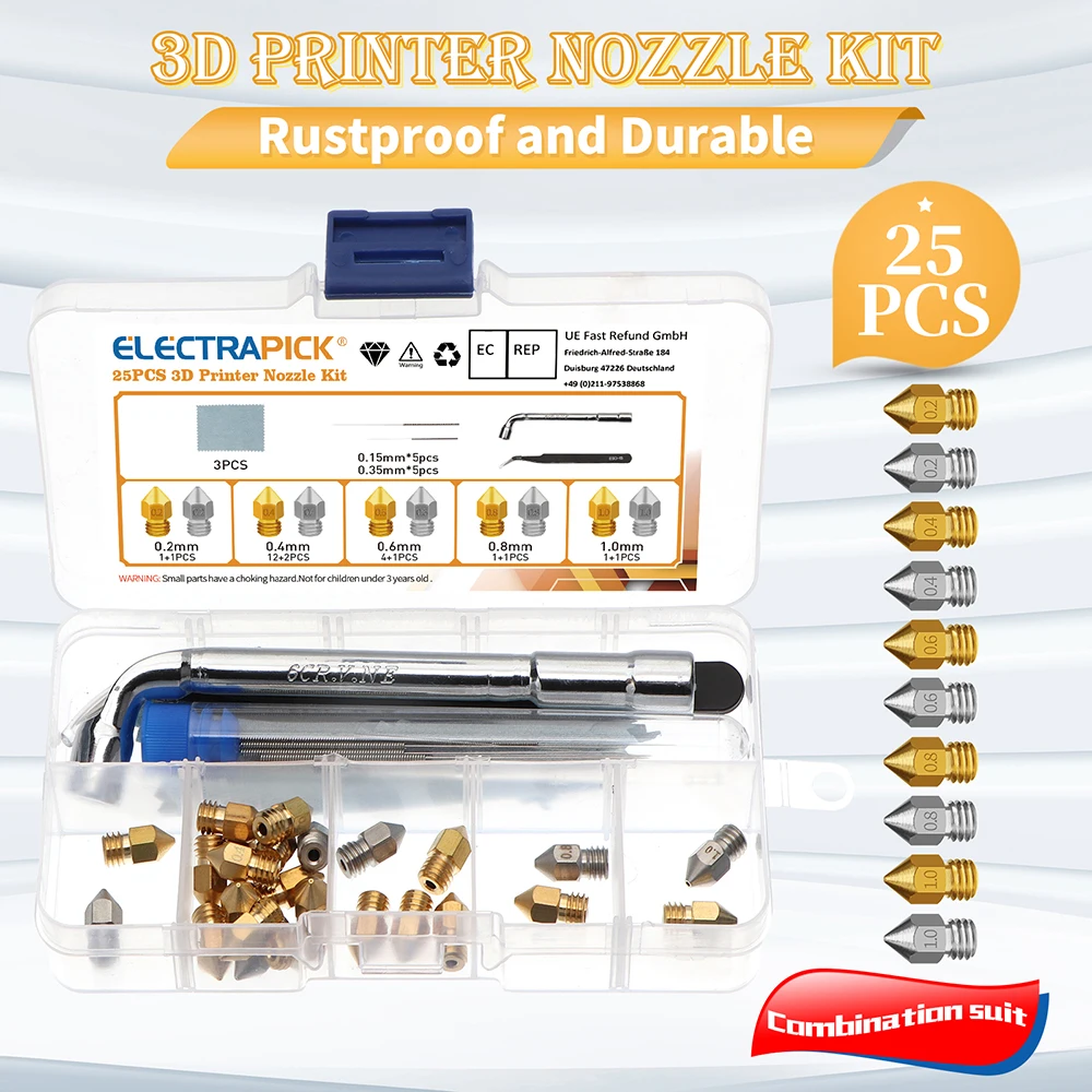 

Набор насадок для 3D-принтера, латунные насадки 19 шт. + 6 насадок из нержавеющей стали, насадки MK8 для насадок с инструментами для очистки насадок, 25 шт.