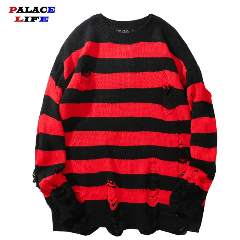 

Свитер мужской в полоску, Повседневный пуловер оверсайз в стиле хип-хоп, с круглым вырезом, с дырками, в черно-красном стиле, уличная одежда, в стиле Харадзюку
