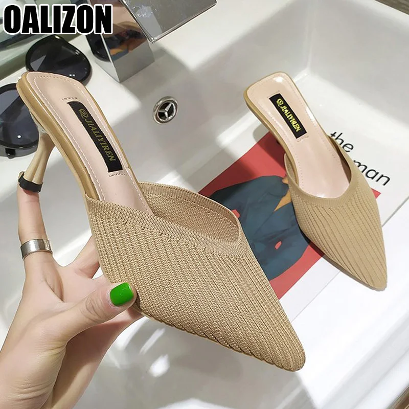 woven heeled mules