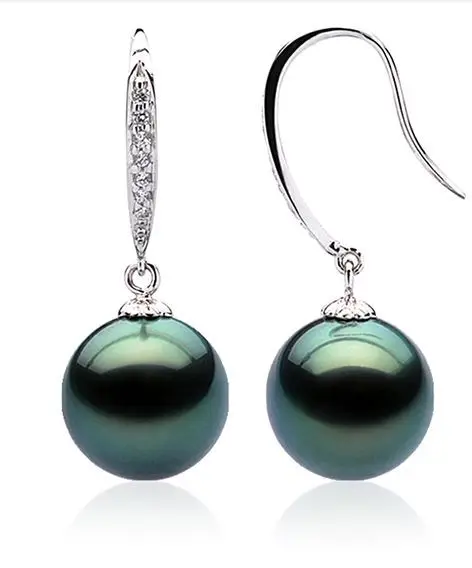 

free shipping CHARMING 10-11MM AAA tahitian black green PEARL EARRING 925S