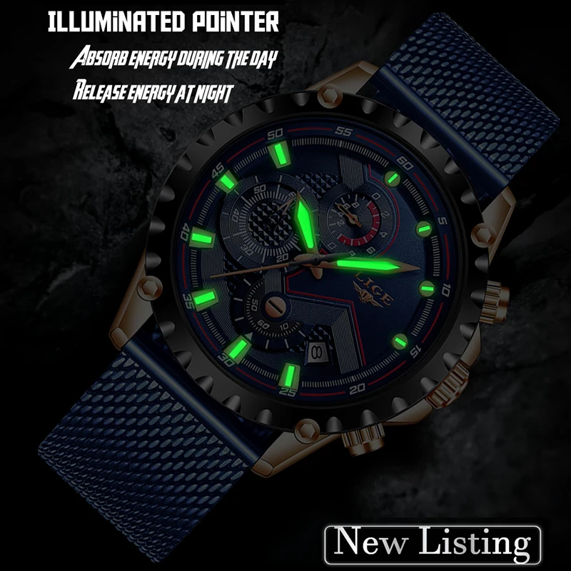 New Lige Blue Casual Mesh Belt Fashion Quartz Gold Watch Mens Watches Top Brand Luxury Waterpr-2